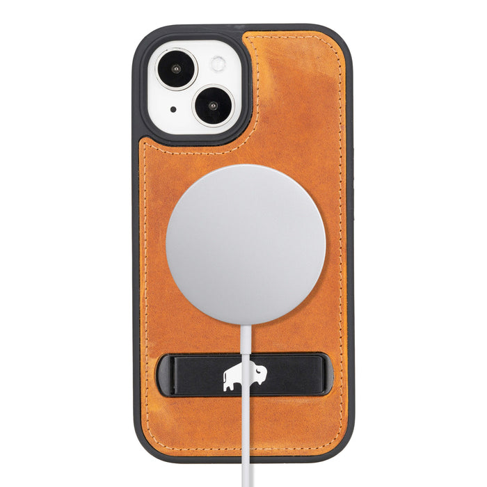 Reed Leather Snap‑On Case with Stand – iPhone 15 Plus, Golden Brown - BlackBrook Case