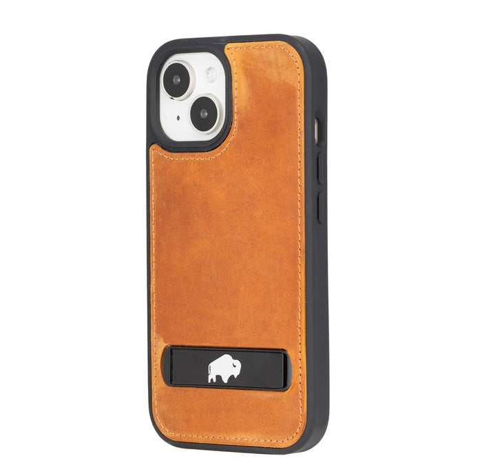 Reed Leather Snap‑On Case with Stand – iPhone 15 Plus, Golden Brown - BlackBrook Case