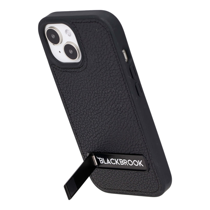 Reed Leather iPhone 15 Case with Kickstand and MagSafe, Pebble Black - BlackBrook Case