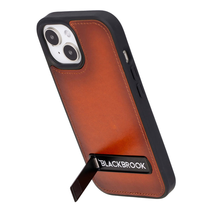 Reed Leather iPhone 15 Plus Case with Kickstand and MagSafe, Burnished Tan - BlackBrook Case