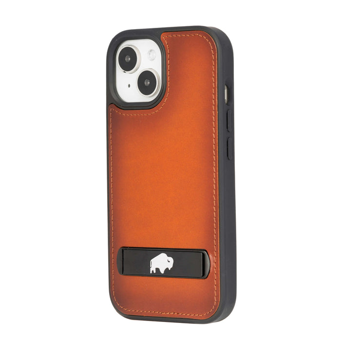 Reed Leather Snap‑On Case with Stand – iPhone 15 Plus, Burnished Tan - BlackBrook Case