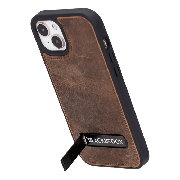 Reed Leather iPhone 15 Plus Case with Kickstand and MagSafe, Distressed Coffee - BlackBrook Case