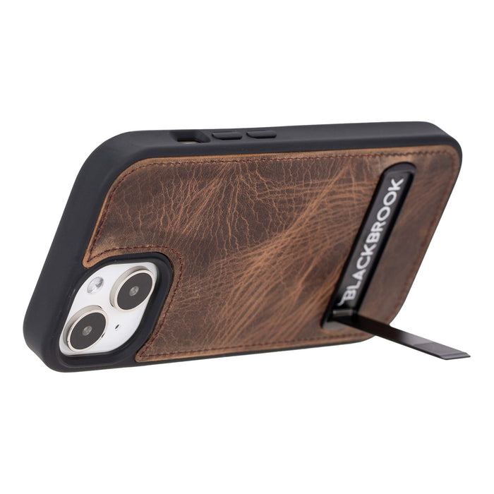 Reed Leather Snap‑On Case with Stand – iPhone 15 Plus, Distressed Coffee - BlackBrook Case