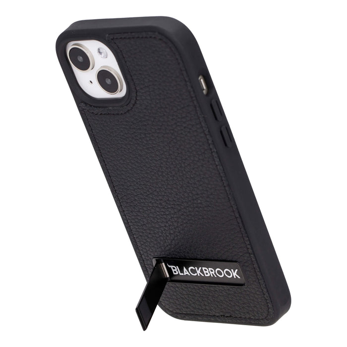 Reed Leather iPhone 15 Plus Case with Kickstand and MagSafe, Pebble Black - BlackBrook Case