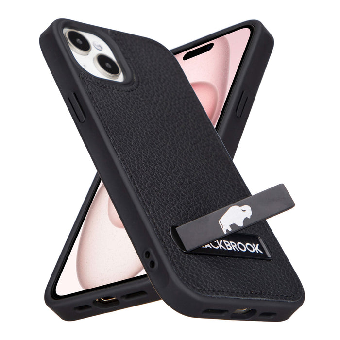 Reed Leather Snap‑On Case with Stand – iPhone 15 Plus, Pebble Black - BlackBrook Case