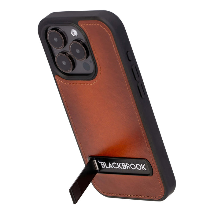 Reed Leather iPhone 15 Pro Case with Kickstand and MagSafe, Burnished Tan - BlackBrook Case