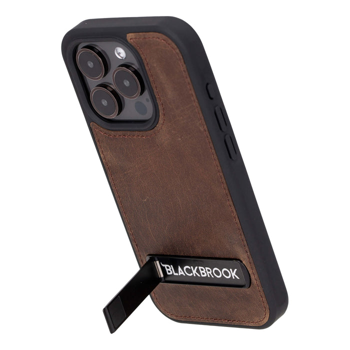 Reed Leather iPhone 15 Pro Case with Kickstand and MagSafe, Distressed Coffee - BlackBrook Case