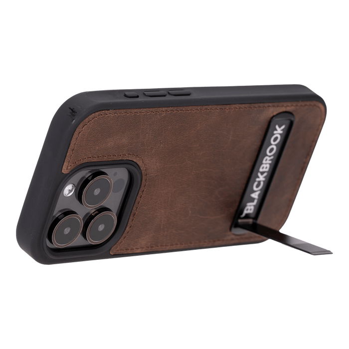Reed Leather iPhone 15 Pro Case with Kickstand and MagSafe, Distressed Coffee - BlackBrook Case