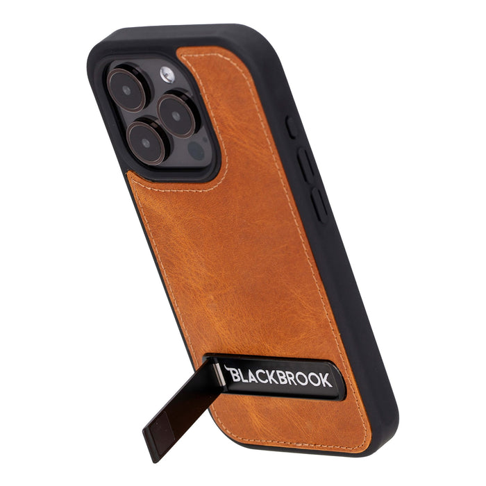 Reed Leather iPhone 15 Pro Case with Kickstand and MagSafe, Golden Brown - BlackBrook Case