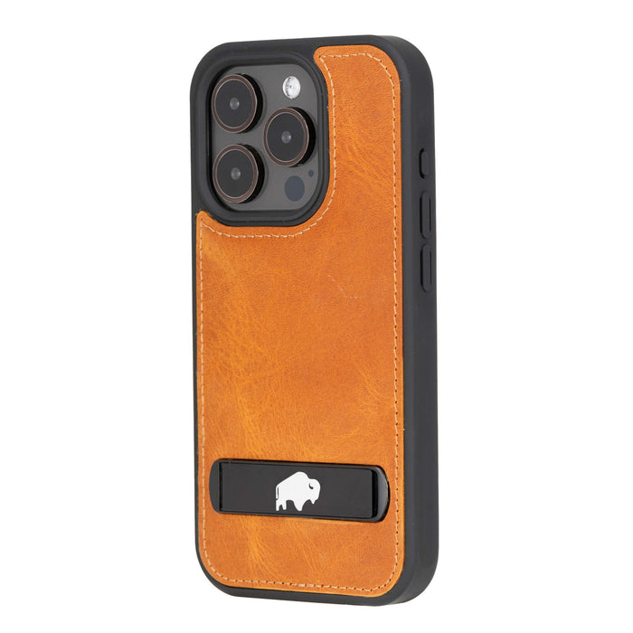 Reed Leather Snap‑On Case with Stand – iPhone 15 Pro Max, Golden Brown - BlackBrook Case