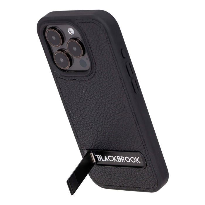 Reed Leather iPhone 15 Pro Case with Kickstand and MagSafe, Pebble Black - BlackBrook Case