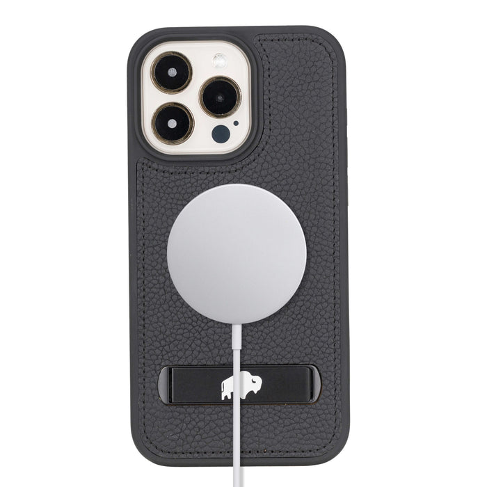 Reed Leather iPhone 15 Pro Case with Kickstand and MagSafe, Pebble Black - BlackBrook Case