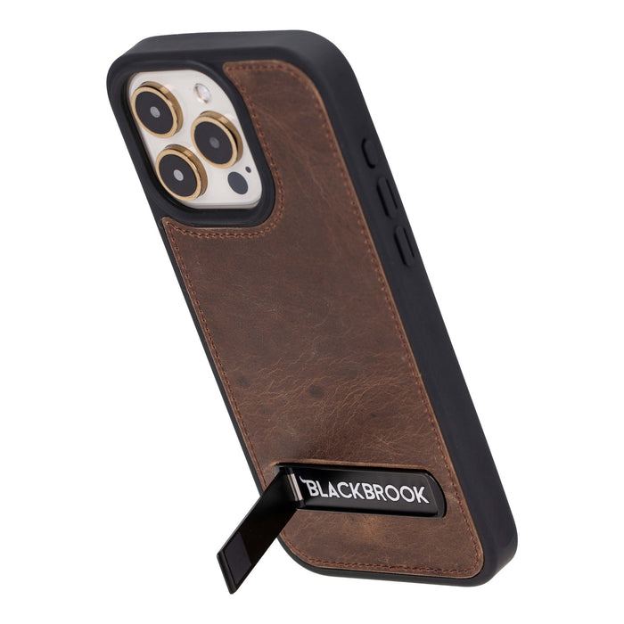 Reed Leather iPhone 15 Pro Max Case with Kickstand and MagSafe, Distressed Coffee - BlackBrook Case