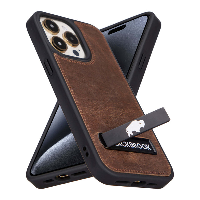 Reed Leather Snap‑On Case with Stand – iPhone 15 Pro Max, Distressed Coffee - BlackBrook Case