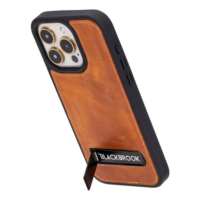 Reed Leather iPhone 15 Pro Max Case with Kickstand and MagSafe, Golden Brown - BlackBrook Case