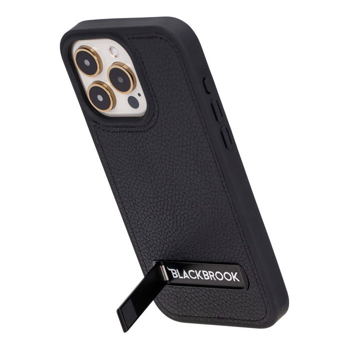 Reed Leather iPhone 15 Pro Max Case with Kickstand and MagSafe, Pebble Black - BlackBrook Case