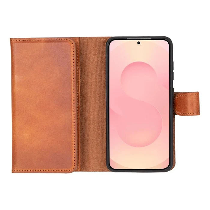 Samsung S25 Leather Wallet Case, Tudor 2 - in - 1 Tri - Fold Folio, Moccasin - BlackBrook Case