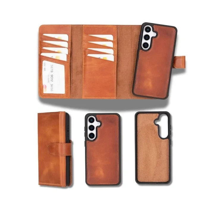 Samsung S25 Leather Wallet Case, Tudor 2 - in - 1 Tri - Fold Folio, Moccasin - BlackBrook Case