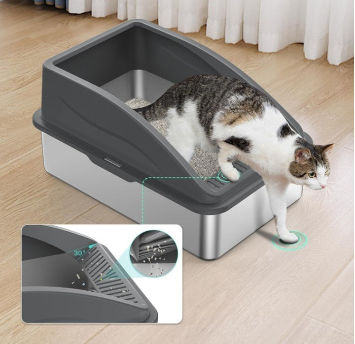 Stainless Steel Cat Litter Tray Grey with Detachable Enclosure 26cm High-330