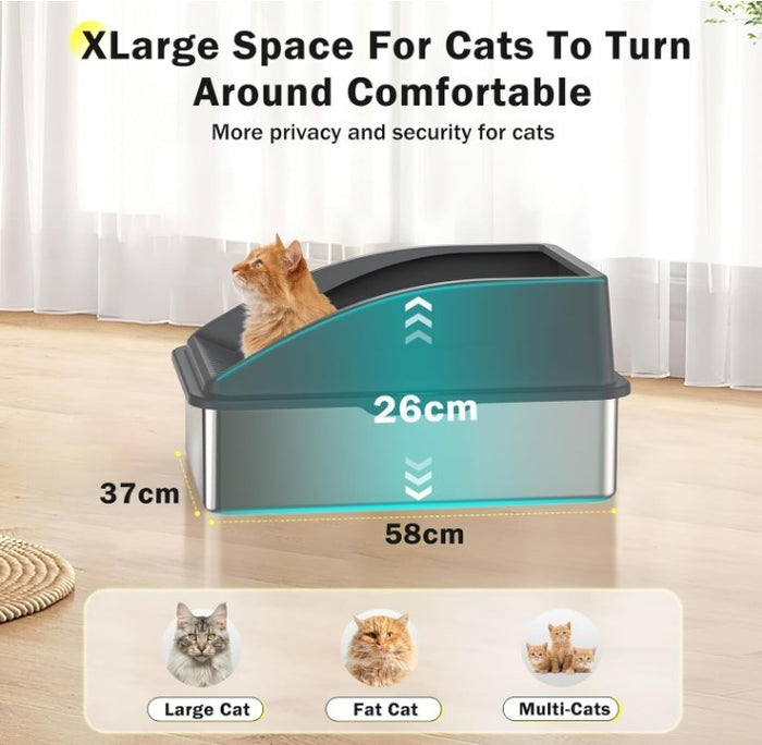 Stainless Steel Cat Litter Tray Grey with Detachable Enclosure 26cm High-330