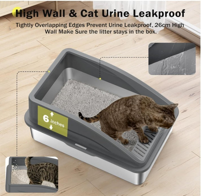 Stainless Steel Cat Litter Tray Grey with Detachable Enclosure 26cm High-330
