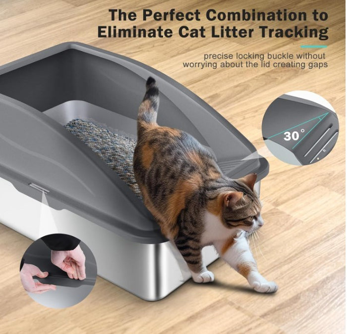 Stainless Steel Cat Litter Tray Grey with Detachable Enclosure 26cm High-330