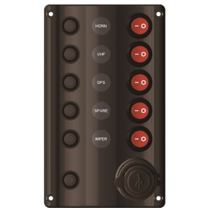 Switch Panel with Circuit Breaker & USB Socket - 5 Switches - Bosuns Boat
