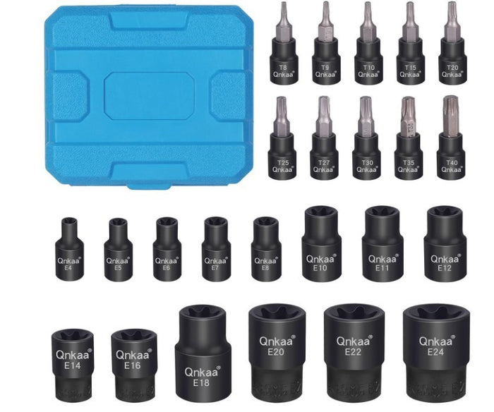 Torx Bit Socket Set 24PCS T8-T40 & E4-E24 1/4" 3/8" 1/2" Drive with Storage Case
