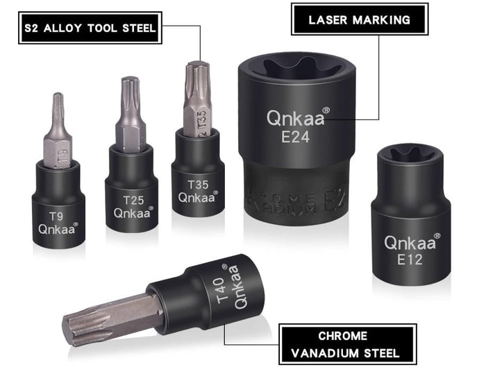 Torx Bit Socket Set 24PCS T8-T40 & E4-E24 1/4" 3/8" 1/2" Drive with Storage Case