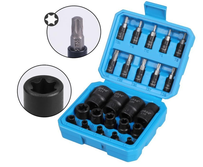 Torx Bit Socket Set 24PCS T8-T40 & E4-E24 1/4" 3/8" 1/2" Drive with Storage Case