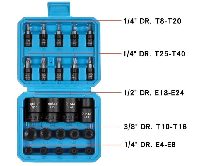 Torx Bit Socket Set 24PCS T8-T40 & E4-E24 1/4" 3/8" 1/2" Drive with Storage Case