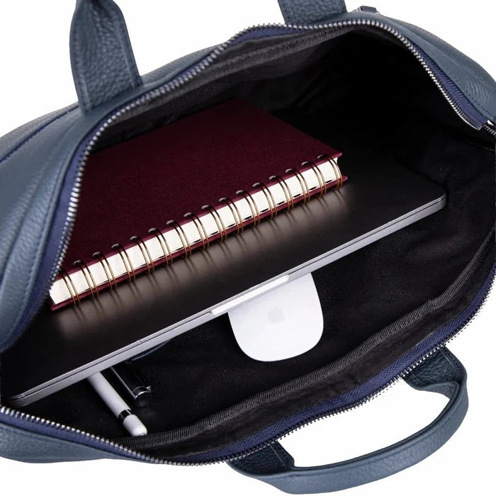 Truro Leather Business Briefcase / Laptop Case 14" with Suitcase, Navy Blue - BlackBrook Case