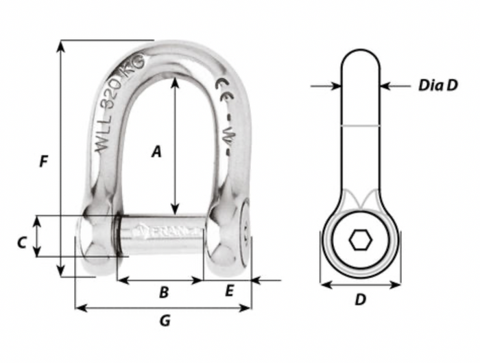 Wichard Self-locking allen head pin D shackle - Dia 6 mm - large size - Bosuns Boat