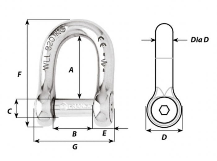 Wichard Self-locking allen head pin D shackle - Dia 6 mm - Bosuns Boat