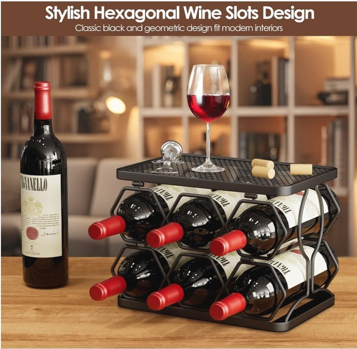 Wine Rack 6 Bottle 2 Tier Hexagon Freestanding Foldable Countertop Holder -197