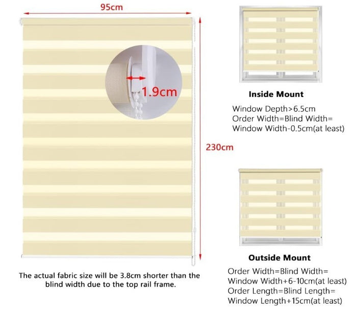 Zebra Roller Blind 95x230cm Day Night Dual Layer Privacy Beige Window Blind-317